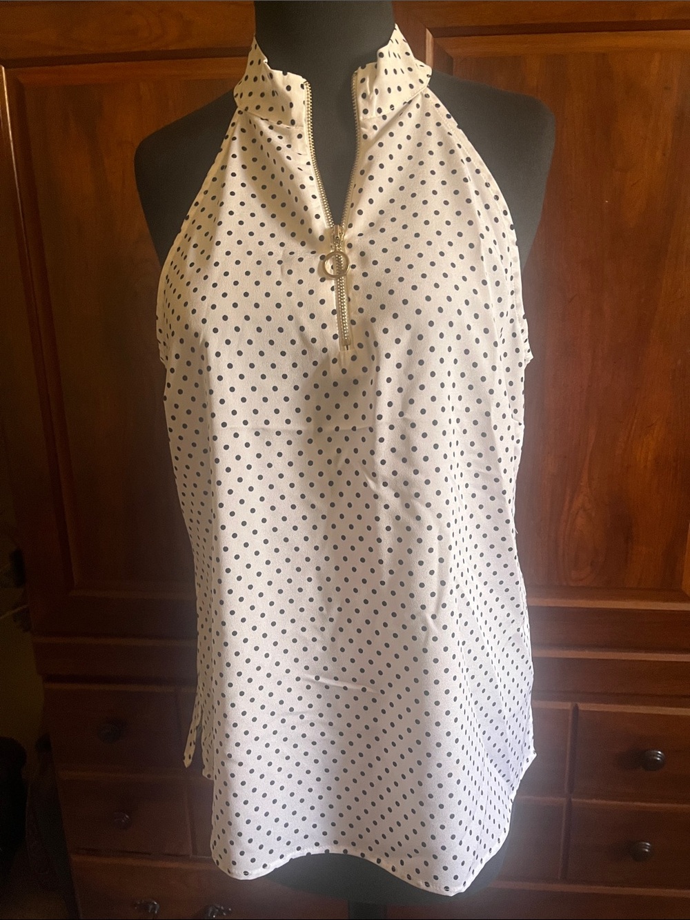 New York & Company White Halter Tank Top with Black Polka Dots